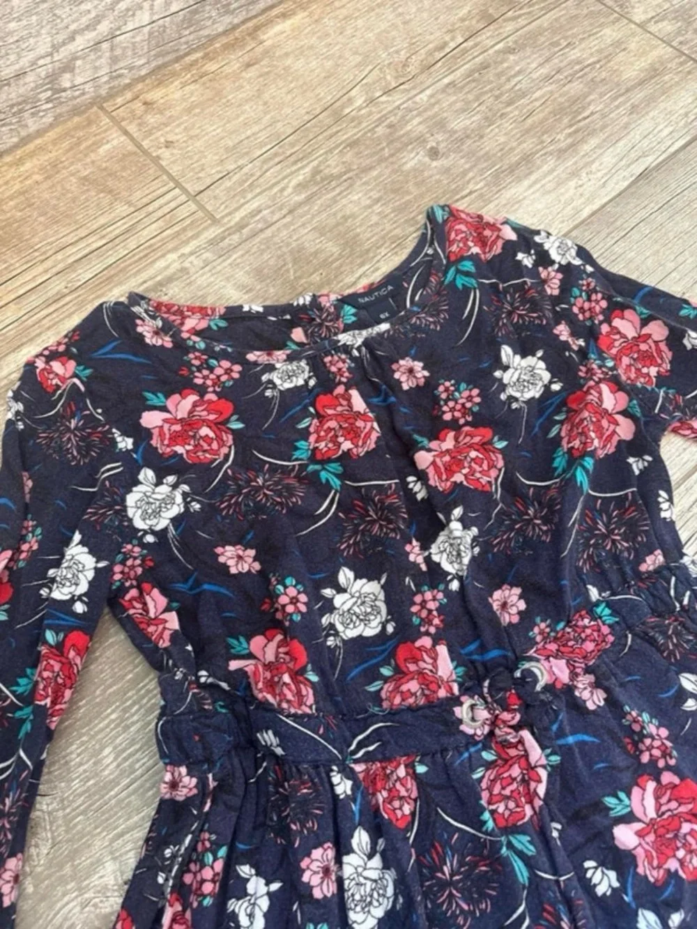 Nautica Navy Floral Long-Sleeve Tiered Dress with Red and White Blooms
